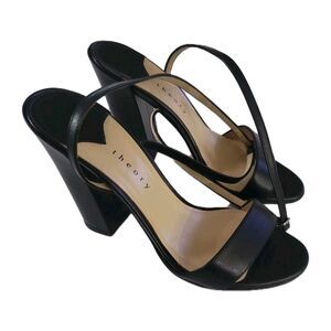 Theory Women's Buckled Block Heel Strappy Sandal Leather Black US Sz 6
